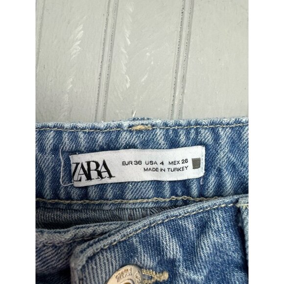 Zara Size 4 Womens Jeans Straight Distress Light Wash Cotton High Rise Ankle - Picture 2 of 3